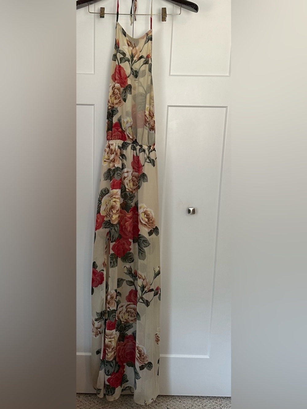 Show Me Your MuMu Heather Halter Cream Floral Backless Maxi Dress with Red Roses